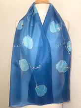 Load image into Gallery viewer, Sweet Peas Design Silk Scarf in Blues and Silver : Hand Painted Silk by Designer Silk Artist
