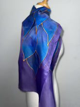 Load image into Gallery viewer, Flames Design Hand Painted Silk Neck Scarf in Blue Purple by Designer Silk Artist
