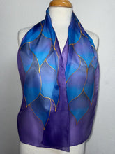 Load image into Gallery viewer, Flames Design Hand Painted Silk Neck Scarf in Blue Purple by Designer Silk Artist
