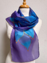Load image into Gallery viewer, Flames Design Hand Painted Silk Neck Scarf in Blue Purple by Designer Silk Artist
