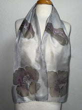 Load image into Gallery viewer, Poppies Design Hand Painted Silk Neck Scarf in Greys Purple Silver by Designer Silk Artist
