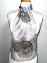 Load image into Gallery viewer, Poppies Design Hand Painted Silk Neck Scarf in Greys Purple Silver by Designer Silk Artist
