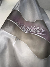Load image into Gallery viewer, Poppies Design Hand Painted Silk Neck Scarf in Greys Purple Silver by Designer Silk Artist
