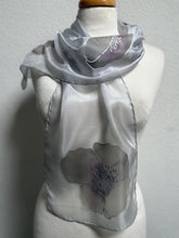 Load image into Gallery viewer, Poppies Design Hand Painted Silk Neck Scarf in Greys Purple Silver by Designer Silk Artist
