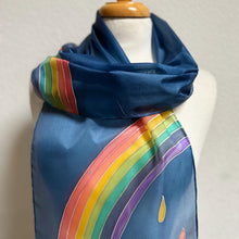 Load image into Gallery viewer, Rainbow Design Hand Painted Silk Neck Scarf Blue Silver by Designer Silk Artist
