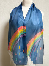 Load image into Gallery viewer, Rainbow Design Hand Painted Silk Neck Scarf Blue Silver by Designer Silk Artist
