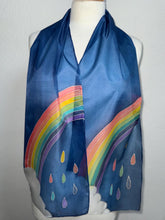 Load image into Gallery viewer, Rainbow Design Hand Painted Silk Neck Scarf Blue Silver by Designer Silk Artist
