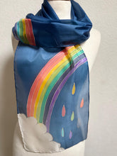 Load image into Gallery viewer, Rainbow Design Hand Painted Silk Neck Scarf Blue Silver by Designer Silk Artist
