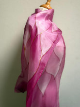 Load image into Gallery viewer, Flames Design Hand Painted Silk Neck Scarf in Rose Pinks by Designer Silk Artist
