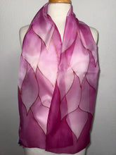 Load image into Gallery viewer, Flames Design Hand Painted Silk Neck Scarf in Rose Pinks by Designer Silk Artist
