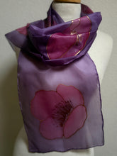 Load image into Gallery viewer, Poppies Design Hand Painted Silk Small Neck Scarf in Purple Shades by Designer Silk Artist
