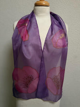 Load image into Gallery viewer, Poppies Design Hand Painted Silk Small Neck Scarf in Purple Shades by Designer Silk Artist
