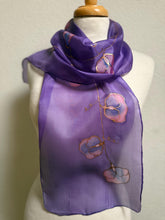 Load image into Gallery viewer, Sweet Peas Design Silk Neck Scarf in Purple Pink Copper by Designer Silk Artist
