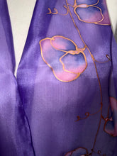 Load image into Gallery viewer, Sweet Peas Design Silk Neck Scarf in Purple Pink Copper by Designer Silk Artist
