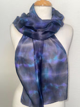 Load image into Gallery viewer, Hand Dyed Silk Small Neck Scarf in Black Purple Turquoise by Designer Silk Artist
