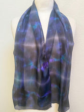 Load image into Gallery viewer, Hand Dyed Silk Small Neck Scarf in Black Purple Turquoise by Designer Silk Artist
