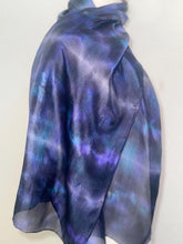 Load image into Gallery viewer, Hand Dyed Silk Small Neck Scarf in Black Purple Turquoise by Designer Silk Artist
