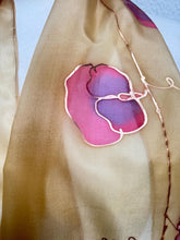 Load image into Gallery viewer, Sweet Peas Design Silk Scarf in Beige, Purple, Pink : Hand Painted Silk by Designer Silk Artist
