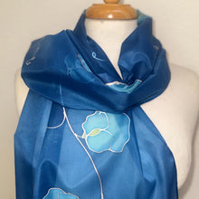 Load image into Gallery viewer, Sweet Peas Design Silk Scarf in Blues and Silver : Hand Painted Silk by Designer Silk Artist
