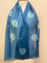 Load image into Gallery viewer, Sweet Peas Design Silk Scarf in Blues and Silver : Hand Painted Silk by Designer Silk Artist
