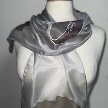 Load image into Gallery viewer, Poppies Design Hand Painted Silk Neck Scarf in Greys Purple Silver by Designer Silk Artist
