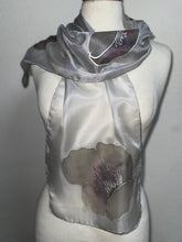 Load image into Gallery viewer, Poppies Design Hand Painted Silk Neck Scarf in Greys Purple Silver by Designer Silk Artist
