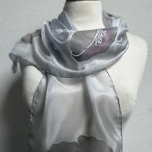 Load image into Gallery viewer, Poppies Design Hand Painted Silk Neck Scarf in Greys Purple Silver by Designer Silk Artist
