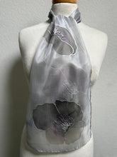 Load image into Gallery viewer, Poppies Design Hand Painted Silk Neck Scarf in Greys Purple Silver by Designer Silk Artist
