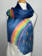 Load image into Gallery viewer, Rainbow Design Hand Painted Silk Neck Scarf Blue Silver by Designer Silk Artist
