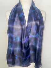 Load image into Gallery viewer, Hand Dyed Silk Small Neck Scarf in Black Purple Turquoise by Designer Silk Artist
