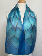 Load image into Gallery viewer, Flames Design Hand Painted Silk Neck Scarf in Turquoise Teal Aqua Copper by Designer Silk Artist
