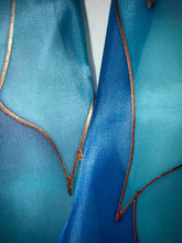 Load image into Gallery viewer, Flames Design Hand Painted Silk Neck Scarf in Turquoise Teal Aqua Copper by Designer Silk Artist
