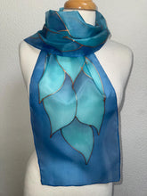 Load image into Gallery viewer, Flames Design Hand Painted Silk Neck Scarf in Turquoise Teal Aqua Copper by Designer Silk Artist
