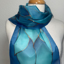 Load image into Gallery viewer, Flames Design Hand Painted Silk Neck Scarf in Turquoise Teal Aqua Copper by Designer Silk Artist
