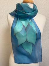 Load image into Gallery viewer, Flames Design Hand Painted Silk Neck Scarf in Turquoise Teal Aqua Copper by Designer Silk Artist
