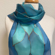 Load image into Gallery viewer, Flames Design Hand Painted Silk Neck Scarf in Turquoise Teal Aqua Copper by Designer Silk Artist
