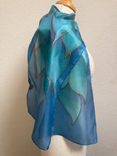 Load image into Gallery viewer, Flames Design Hand Painted Silk Neck Scarf in Turquoise Teal Aqua Copper by Designer Silk Artist
