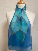Load image into Gallery viewer, Flames Design Hand Painted Silk Neck Scarf in Turquoise Teal Aqua Copper by Designer Silk Artist

