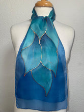 Load image into Gallery viewer, Flames Design Hand Painted Silk Neck Scarf in Turquoise Teal Aqua Copper by Designer Silk Artist
