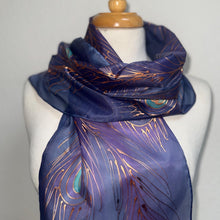 Load image into Gallery viewer, Peacock Feathers Design Silk Neck Scarf in Purple Navy Copper by Designer Silk Artist
