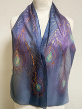 Load image into Gallery viewer, Peacock Feathers Design Silk Neck Scarf in Purple Navy Copper by Designer Silk Artist
