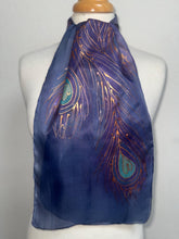 Load image into Gallery viewer, Peacock Feathers Design Silk Neck Scarf in Purple Navy Copper by Designer Silk Artist
