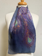 Load image into Gallery viewer, Peacock Feathers Design Silk Neck Scarf in Purple Navy Copper by Designer Silk Artist
