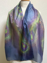 Load image into Gallery viewer, Peacock Feathers Design Long Scarf : Hand Painted Silk in Blue Turquoise Silver by Designer Silk Artist
