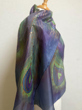Load image into Gallery viewer, Peacock Feathers Design Long Scarf : Hand Painted Silk in Blue Turquoise Silver by Designer Silk Artist
