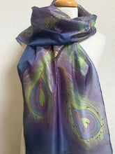 Load image into Gallery viewer, Peacock Feathers Design Long Scarf : Hand Painted Silk in Blue Turquoise Silver by Designer Silk Artist
