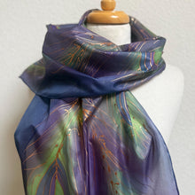 Load image into Gallery viewer, Peacock Feathers Design Long Scarf : Hand Painted Silk in Blue Turquoise Silver by Designer Silk Artist
