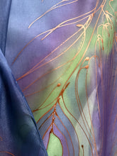 Load image into Gallery viewer, Peacock Feathers Design Long Scarf : Hand Painted Silk in Blue Turquoise Silver by Designer Silk Artist
