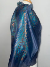 Load image into Gallery viewer, Peacock Feathers Design Long Scarf : Hand Painted Silk in Purple Blues Copper by Designer Silk Artist
