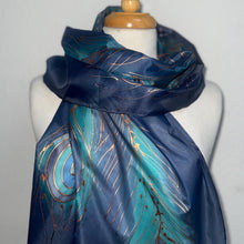 Load image into Gallery viewer, Peacock Feathers Design Long Scarf : Hand Painted Silk in Purple Blues Copper by Designer Silk Artist
